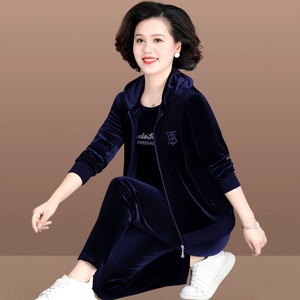 中老年妈妈秋装金丝绒运动服休闲外套女春秋中年洋气卫衣三件套装