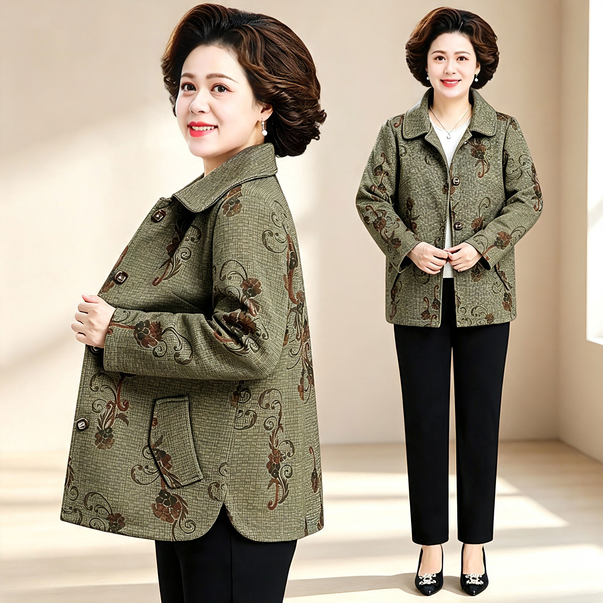 妈妈装2026秋季新款翻领花色外套女中老年奶奶洋气减龄休闲服开衫