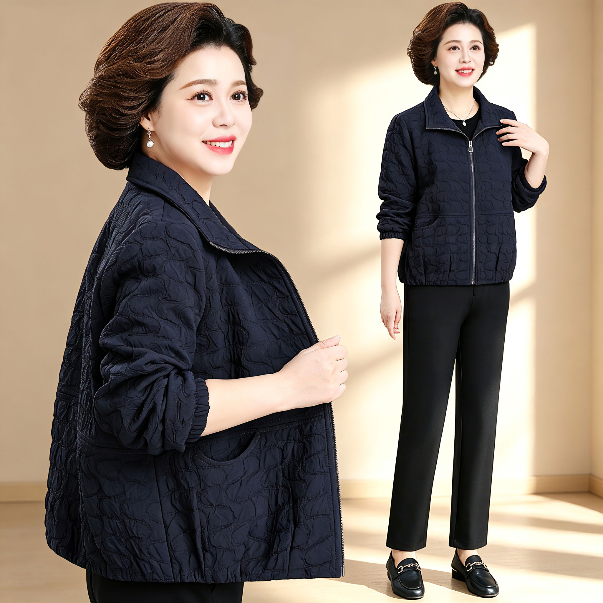 休闲服秋季女士翻领外套宽松时尚潮流中老年人妈妈装短款夹克上衣