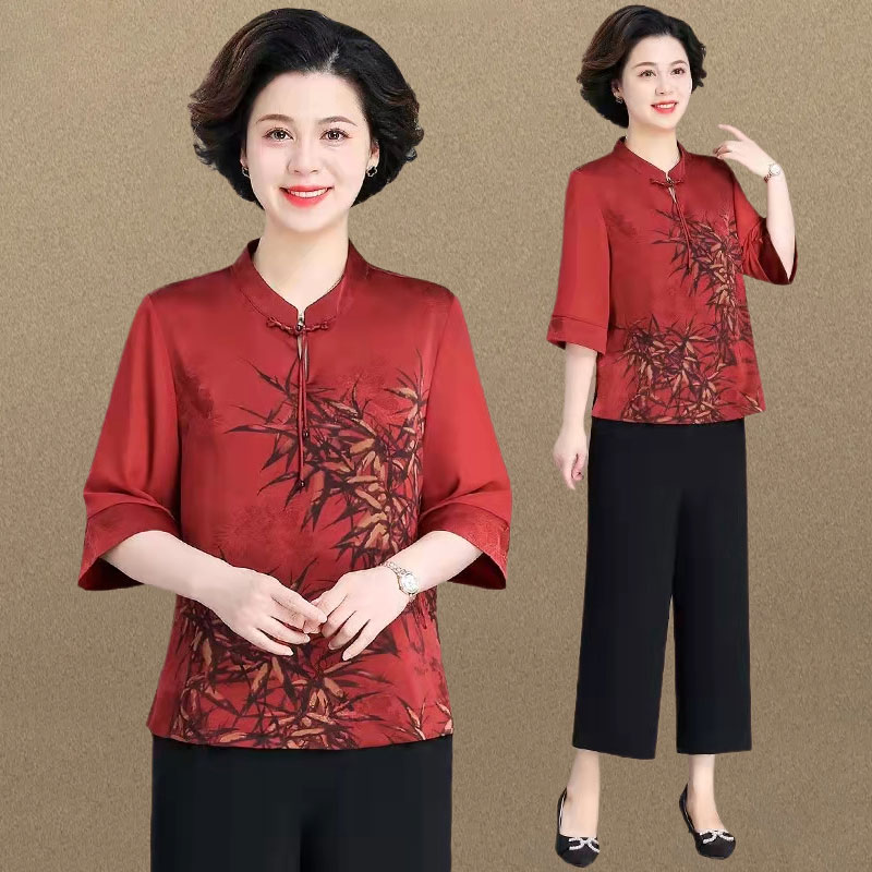 中老年妈妈夏季雪纺t恤七分袖小衫休闲套装女喜婆婆婚宴高贵衣服