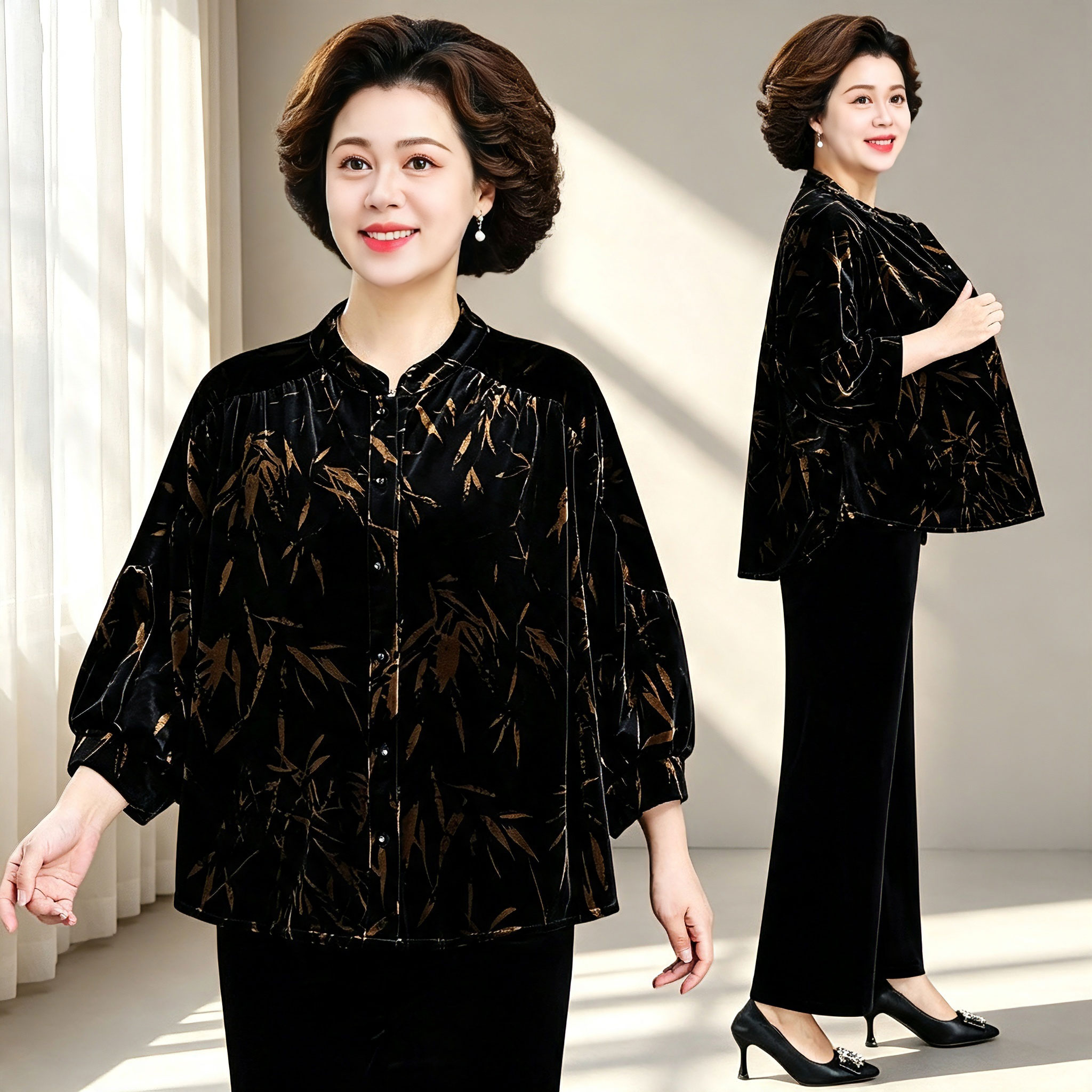 中年妈妈秋装遮肚套装大码金丝绒外套2026新款中老年休闲上衣服女