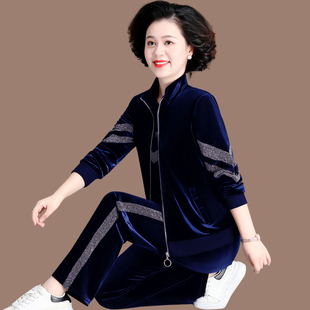 中老年妈妈春装金丝绒运动服外套女春秋中年洋气减龄休闲三件套装