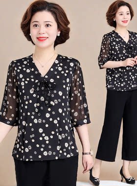 中老年妈妈夏装雪纺运动服套装