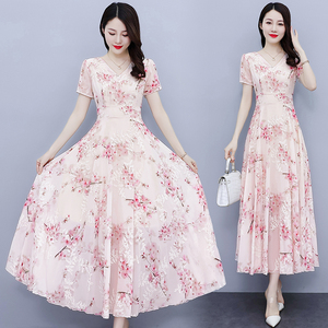 RM16621#长裙刺绣雪纺印花连衣裙2022新款夏长海边度假沙滩裙