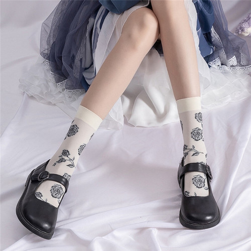 Real shooting without price reduction ~ Retro Style Rose socks calf Socks Black and White Velvet jacquard stockings