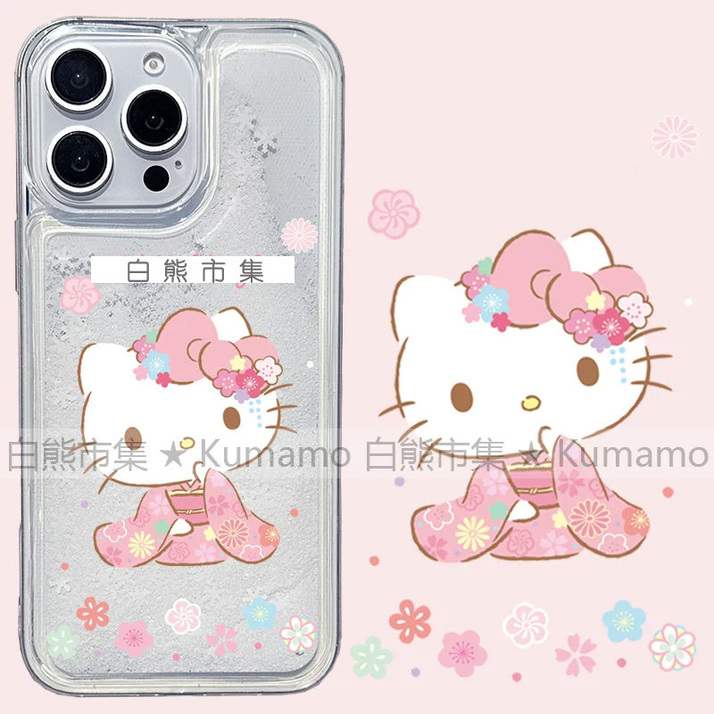 适用iphone17promax手机壳17苹果16透明14流沙13流动12液体11樱花和服Kitty猫kt日系和风卡通透明15保护套软