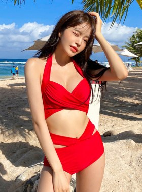 泳衣V领红色比基尼高腰遮肚小胸聚拢分体0519d
