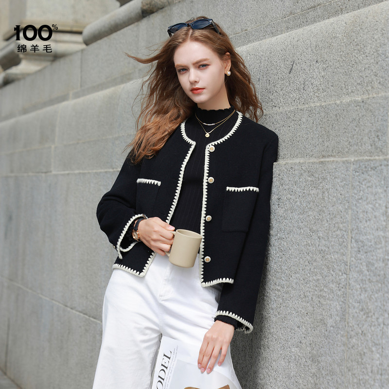 三彩2024冬季新款小香毛呢外套双面呢绵羊毛短大衣气质优雅宽松M