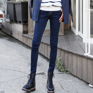 深蓝高弹力修身 百搭靴裤 牛仔裤 韩版 男高街痞帅复古紧身小脚裤 冬季