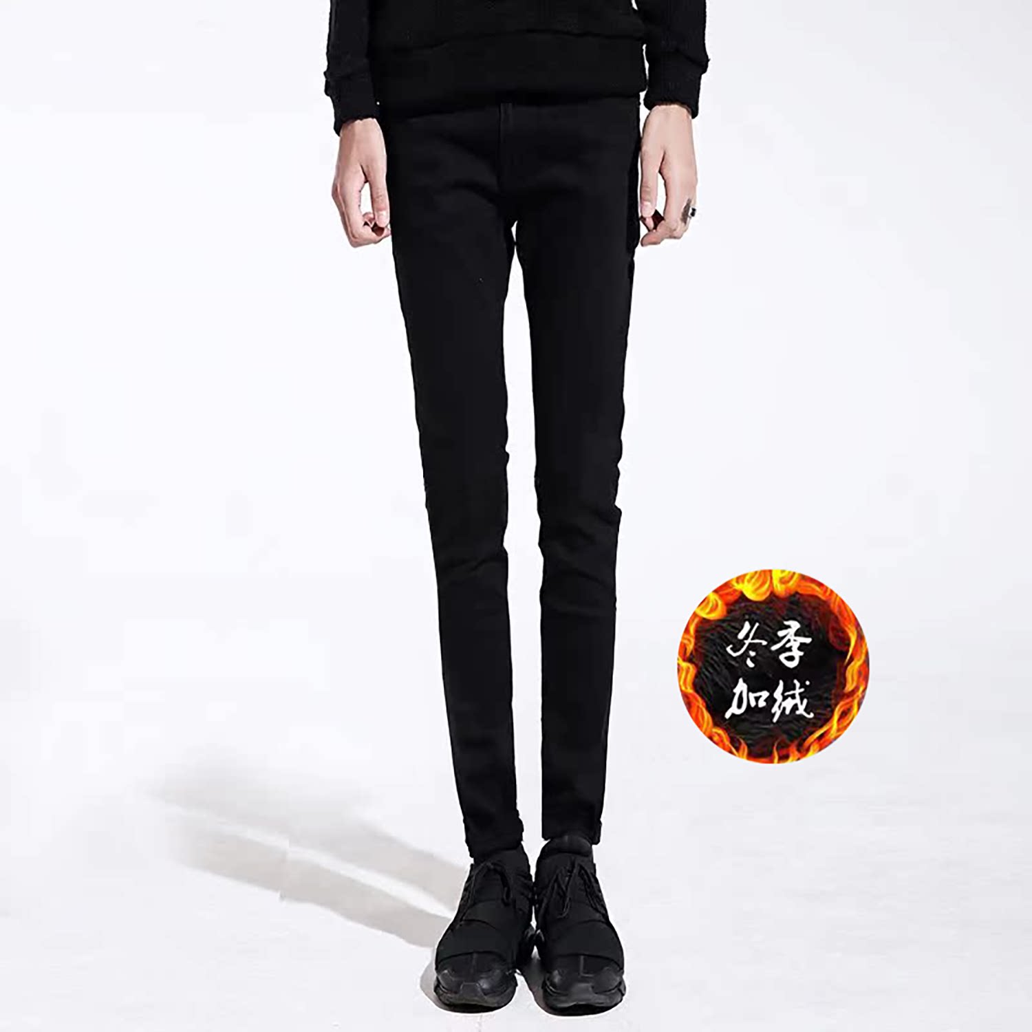 冬季加绒加厚黑色高弹力紧身牛仔裤男潮流韩版高街保暖修身小脚裤