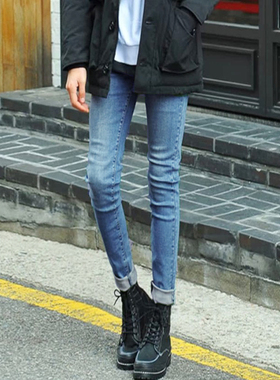 高品质复古蓝色修身牛仔裤男生slp高街弹力韩版潮流百搭小脚裤男