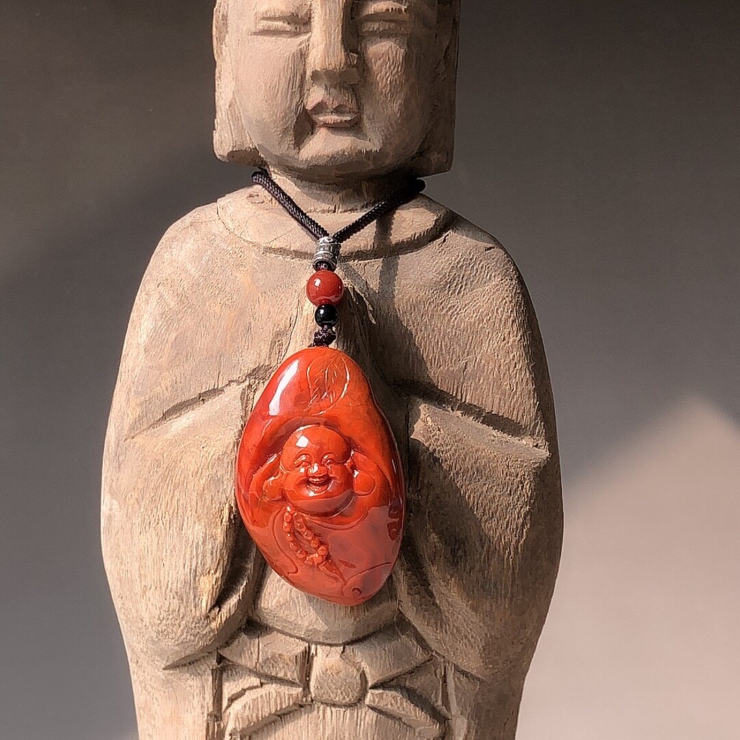 天然大号南红玛瑙吊坠火焰红弥勒佛笑口常开佛公挂件满肉手工保真