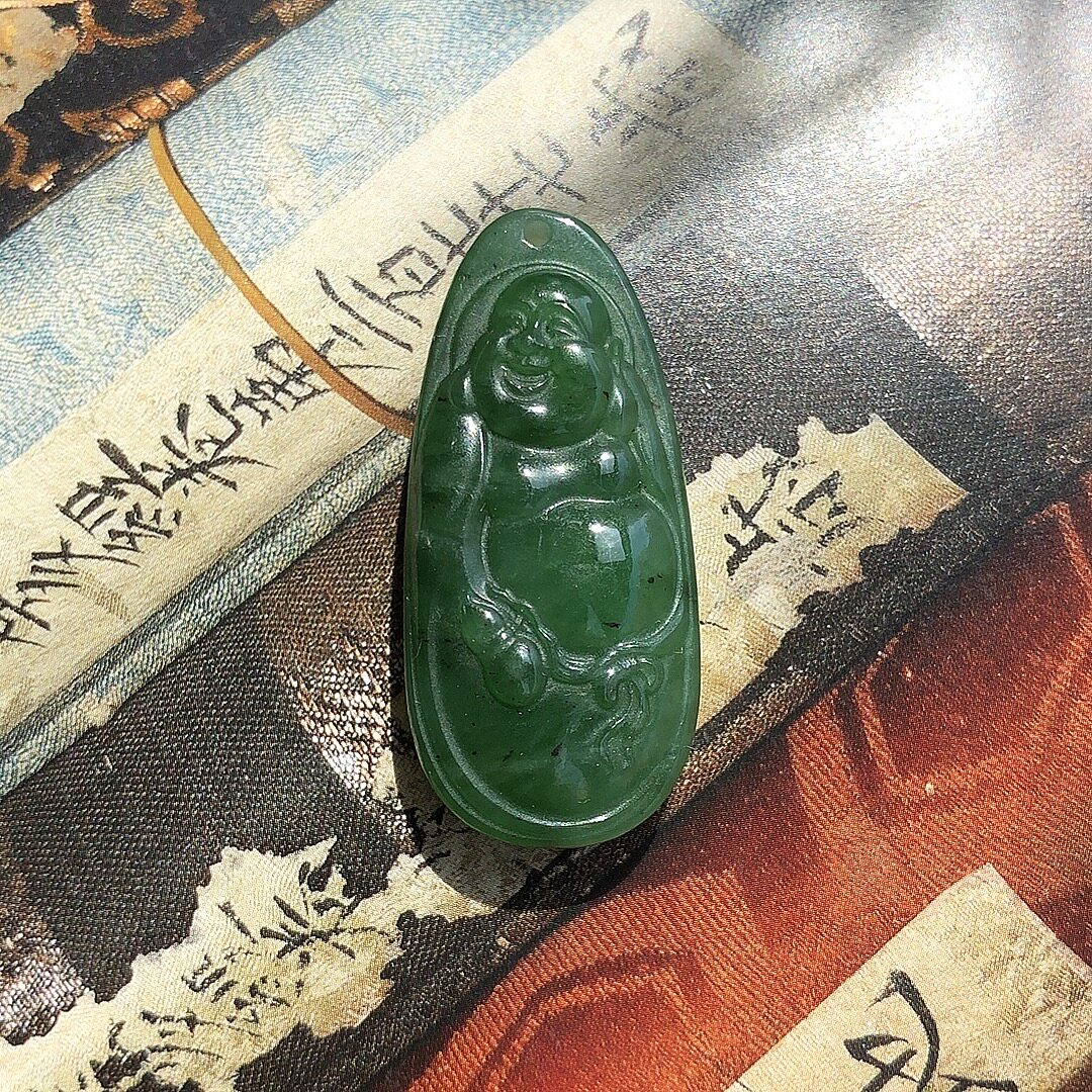 老料碧玉笑佛站相吊坠挂件新疆和田籽料正品天然玉石带证书手工雕