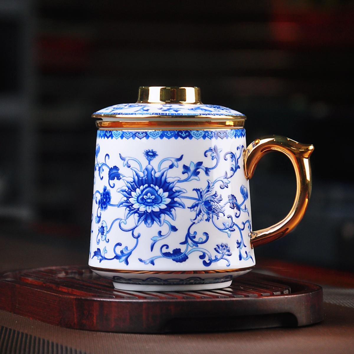 景德镇陶瓷珐琅彩三件套过滤杯子金边大容量600ML办公杯茶水分离