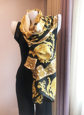 气质款黑金 砂洗糯软斜纹真丝140大方巾围巾 桑蚕丝百搭披肩丝巾