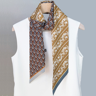 【蓝色花 温婉黄】手工订珠 双层粗斜纹真丝长丝巾桑蚕丝领巾飘带