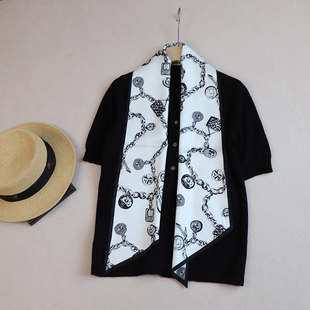 经典 真丝双层长巾 黑白低调奢华桑蚕丝斜纹绸丝巾 Ch香风挂饰