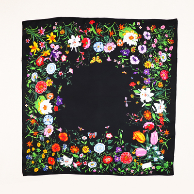 【金靖同款】明媚花卉黑色重磅桑蚕丝18姆米斜纹真丝丝巾90大方巾