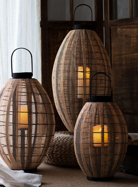 JK慕 北欧落地木质布面风灯烛台灯笼 民宿酒店店面庭院花园装饰品