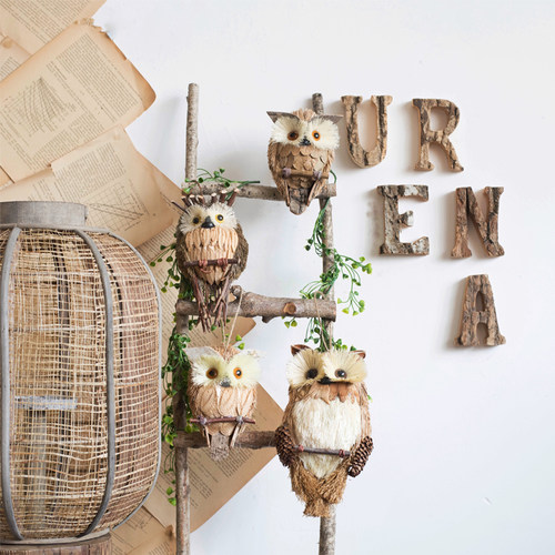 空间人气草编猫头鹰植物墙壁挂件