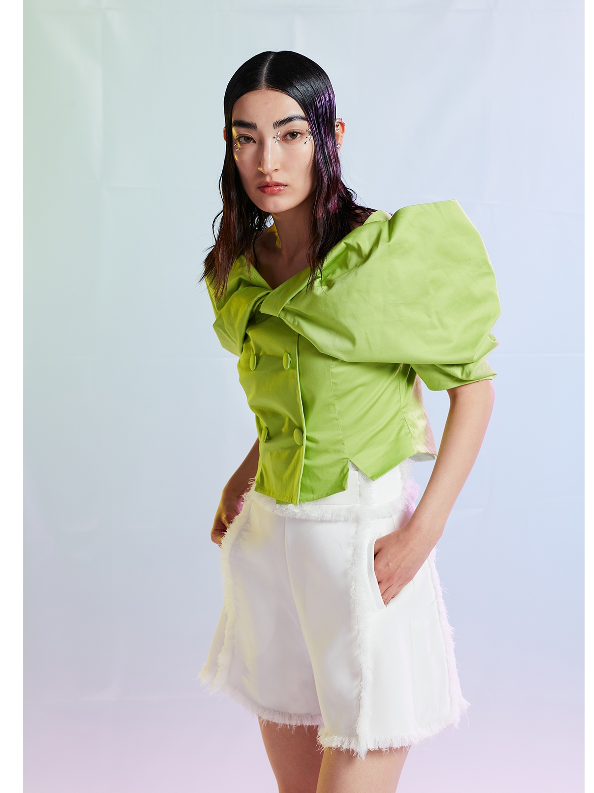 果绿色纽结设计礼服上衣