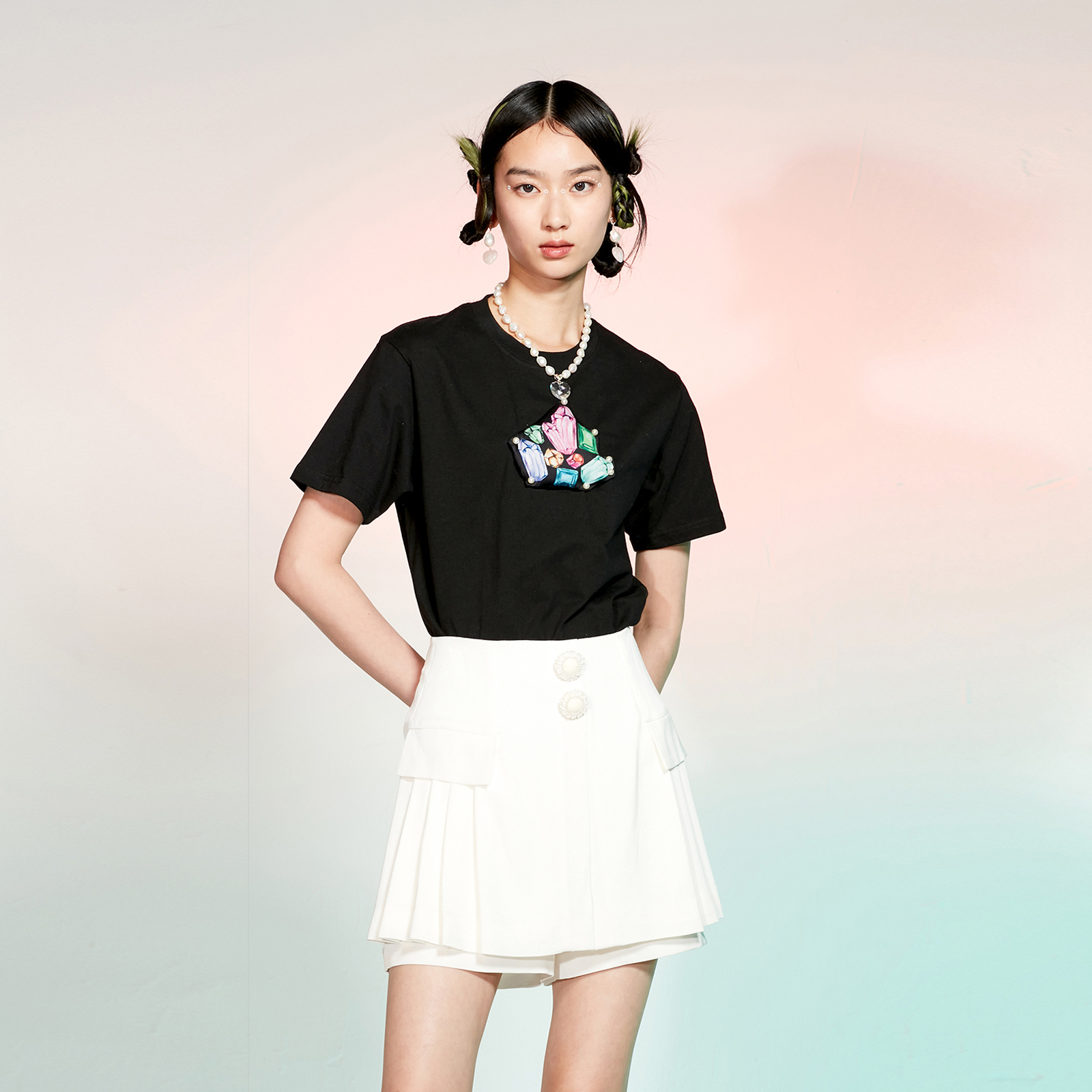 SUNGDO GIN2021S/S新品设计师原创白色高级醋酸百褶假两件式裙裤