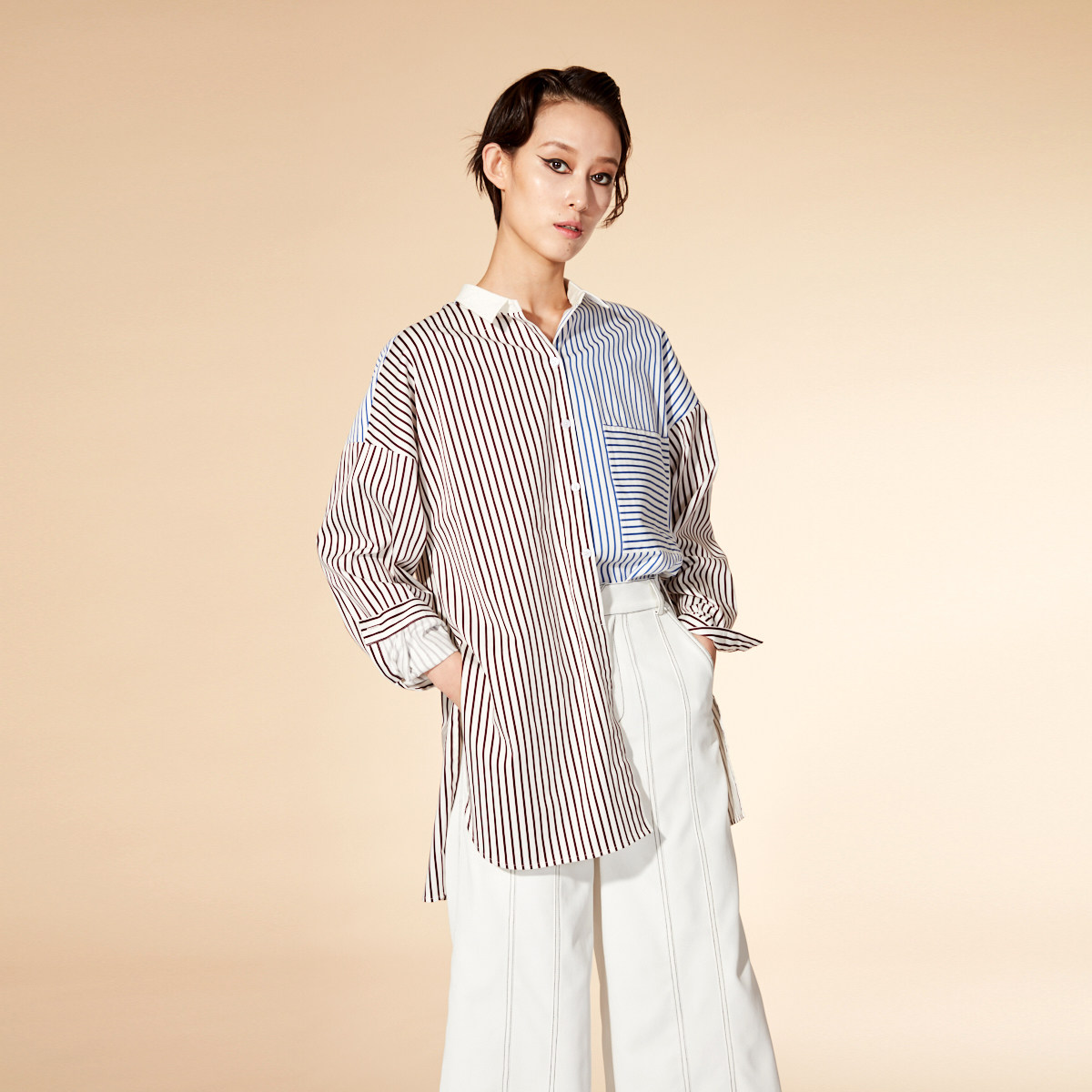 sungdo gin蓝紫撞色条纹不规则拼接宽松廓形长款衬衫