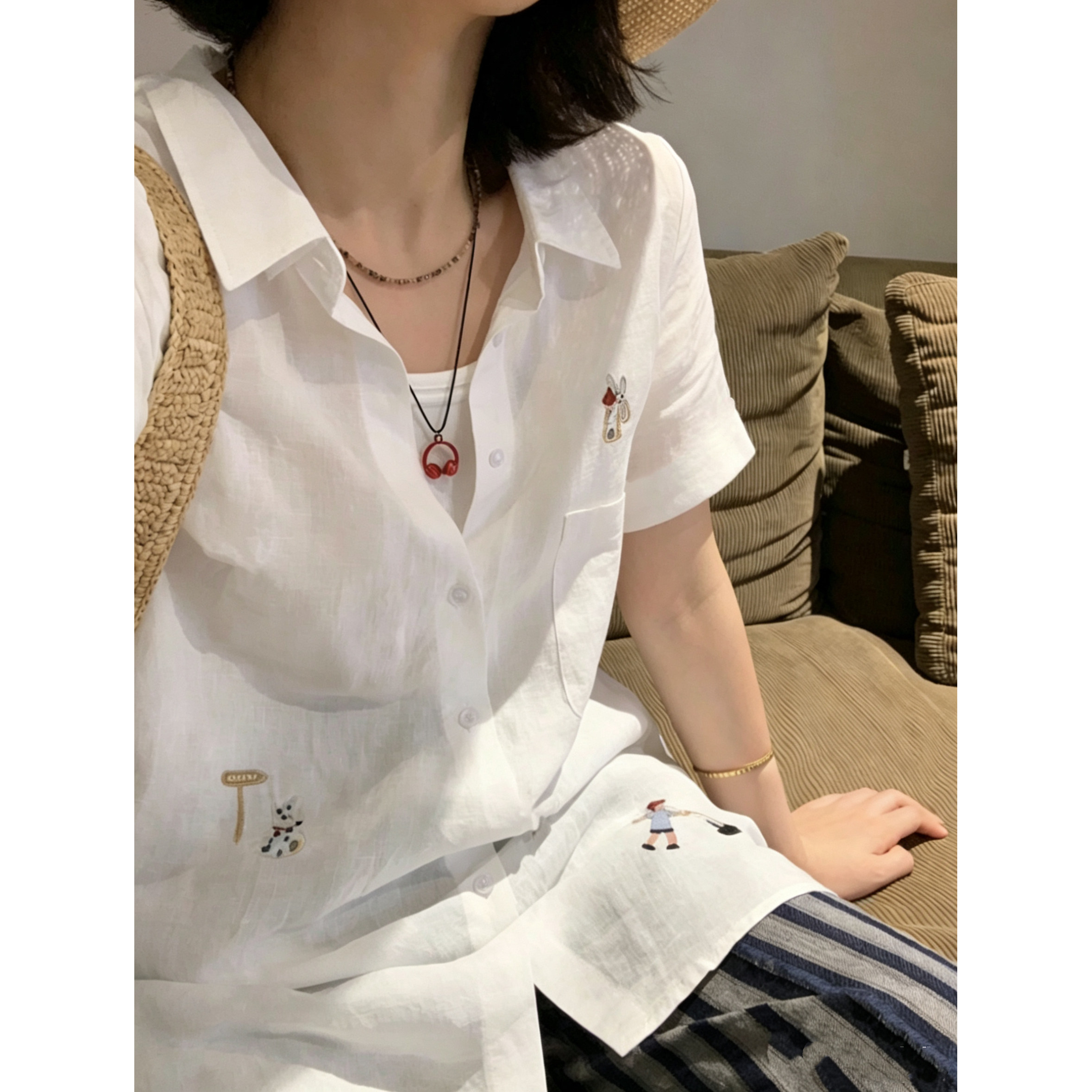 纯棉卡通刺绣短袖衬衫女简约休闲衬衫