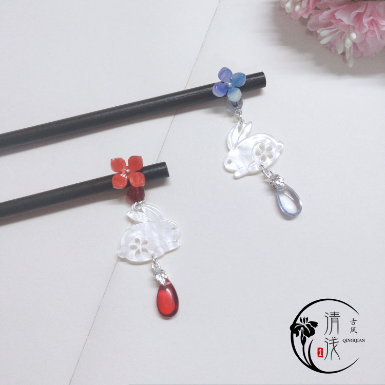 中秋款古风兔子水滴发簪子发钗古代流苏步摇汉服头饰配饰闺蜜清新