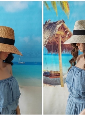 2025外贸出口欧美轻奢单灰绿牛仔顶黄棕Porkpie宽纸草编防晒帽女