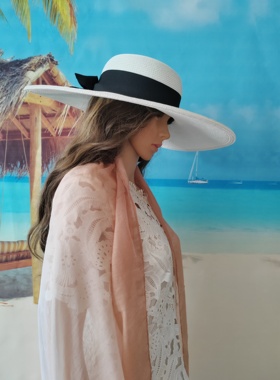 2025外贸出口欧美轻奢单蝴蝶结白色赫本风度假大帽沿防晒草编帽女