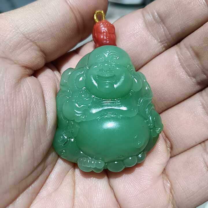 彩云轩精品玉器44.3克新疆和田玉碧玉冰底苹果绿弥勒佛挂件吊坠