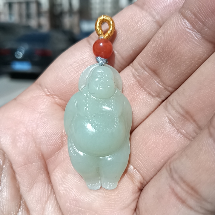 天然特价玉器12.2克新疆和田玉青白玉笑佛弥勒佛挂件吊坠