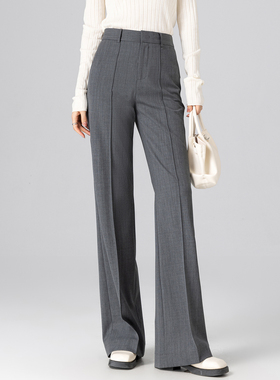 曼依拉机洗精纺羊毛微喇裤女立体中线2025早秋灰色西装喇叭裤长裤