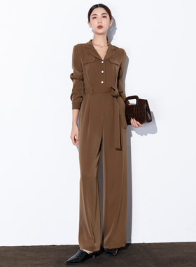 高腰长袖阔腿连衣裤2025早秋高级感黑色大气显瘦丝感滑爽连体长裤