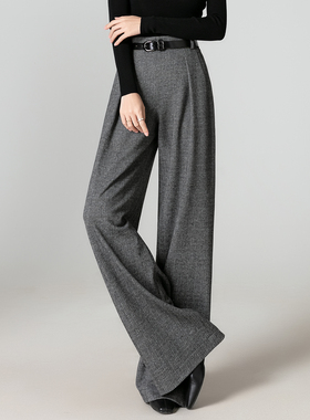 曼依拉老钱风毛呢阔腿裤女秋冬高腰宽松羊毛呢子拖地长裤直筒甩裤