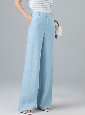 曼依拉100%纯亚麻阔腿裤女简约2025夏季新款薄款高腰直筒裤长裤子