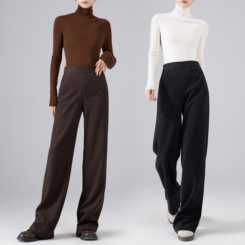 曼依拉简约松紧腰毛呢直筒裤