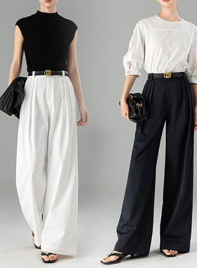 曼依拉2025夏季新款白色伞型高腰阔腿裤女长裤子骨感宽松廓形甩裤