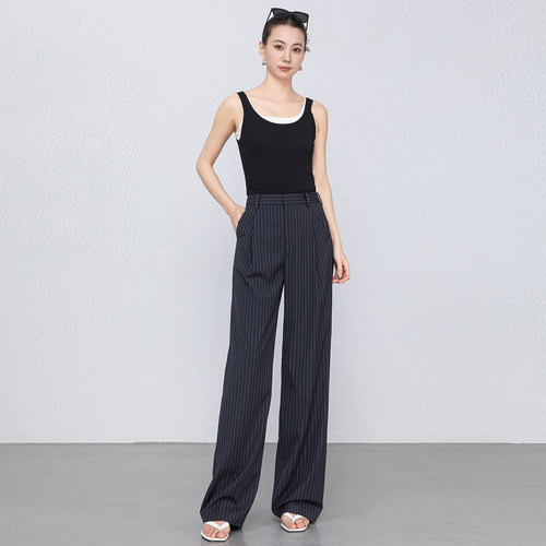 夏季抗皱免烫显瘦条纹阔腿裤女