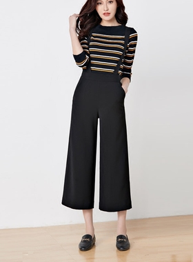 清仓七分背带阔腿裤垂感韩版宽松休闲裤女2025夏季高腰黑色直筒裤