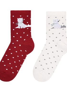 棉元素女士袜子简约可爱提花袜舒适休闲透气中筒袜女T20239