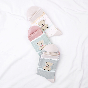 棉质日系甜美可爱小熊中厚款 棉元 学院风女装 秋冬季 袜T20190 素正品