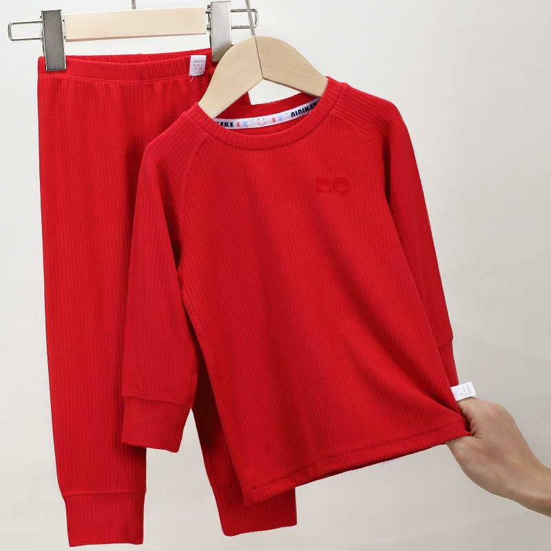 儿童新年红抽条慕斯暖绒套装