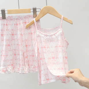 薄款 女童莫代尔冰丝吊带女孩夏季 睡衣大童家居服 套装 儿童背心短裤
