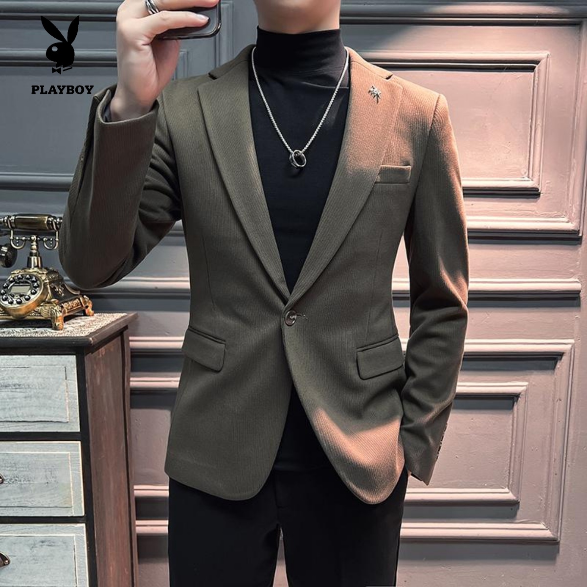花花公子新款暗条纹卡其西服男士