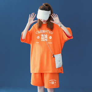 中性 夏宽松休闲运动短裤圆领欢喜短袖女情侣套装男TZ625 P50控68图片