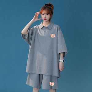 中性 港风简约卡通印花polo运动华夫格套装情侣 TZ6730 P75控98,男装休闲套装,电商A268