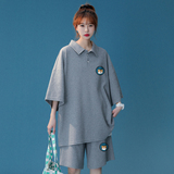 中性港风简约虎头印花polo运动华夫格套装男女TZ6725P75控98，男装休闲套装，电商A268