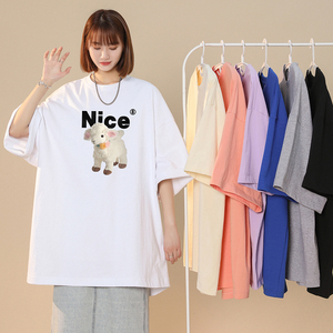 中性港风  夏季宽松圆领纯棉短袖小羊NICE印花男女 T6034 P25控38图片